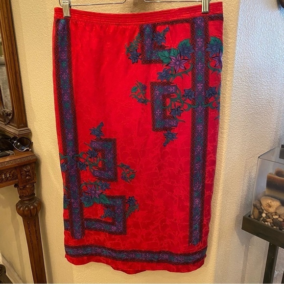 Vtg ANNE CRIMMINS For Umi Collections Women Red Floral 100% Silk Skirt Size 10 - Picture 5 of 8